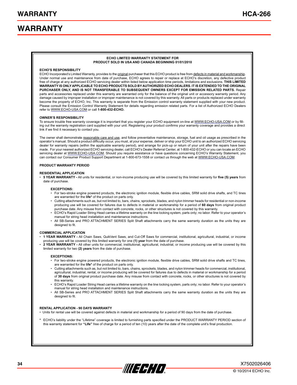 Warranty, Warranty hca-266 | Echo HCA-266 User Manual | Page 34 / 40