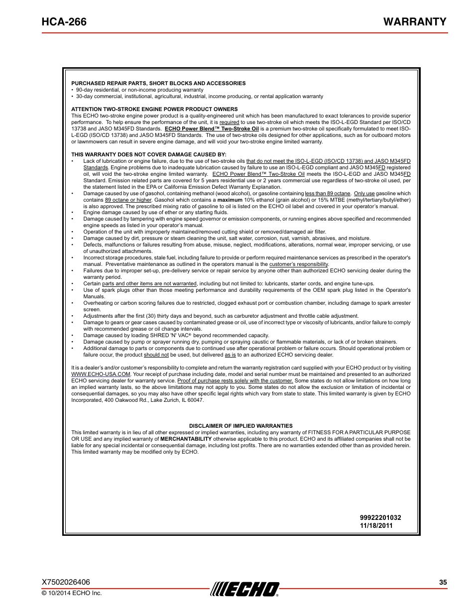 Hca-266 warranty | Echo HCA-266 User Manual | Page 35 / 40