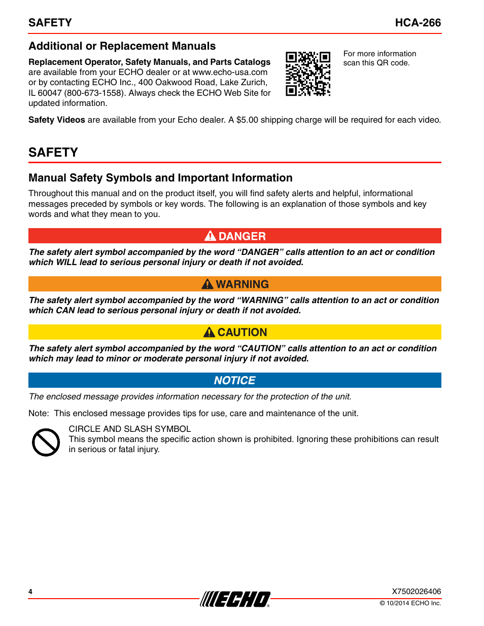 Additional or replacement manuals, Safety, Manual safety symbols and important information | Echo HCA-266 User Manual | Page 4 / 40