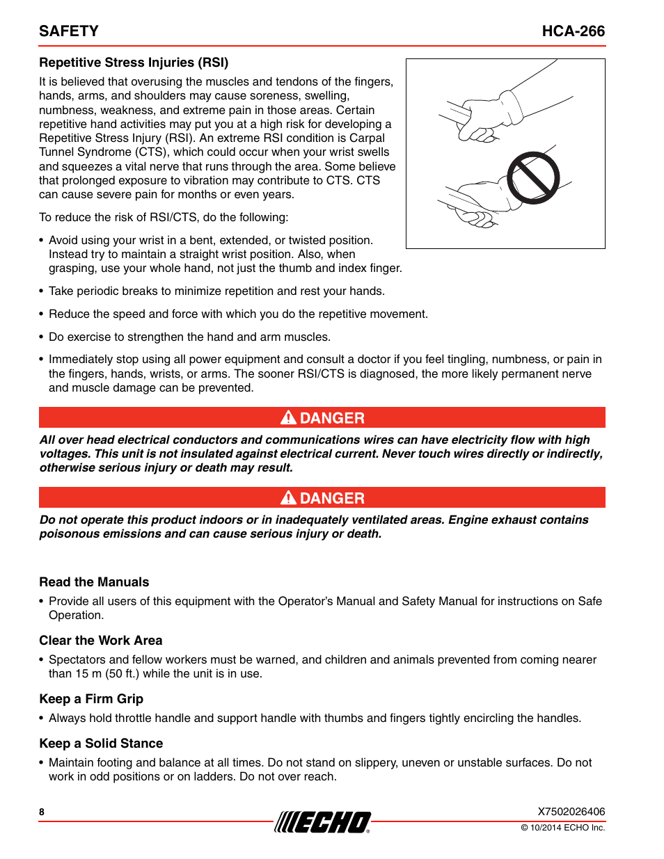 Safety hca-266 | Echo HCA-266 User Manual | Page 8 / 40