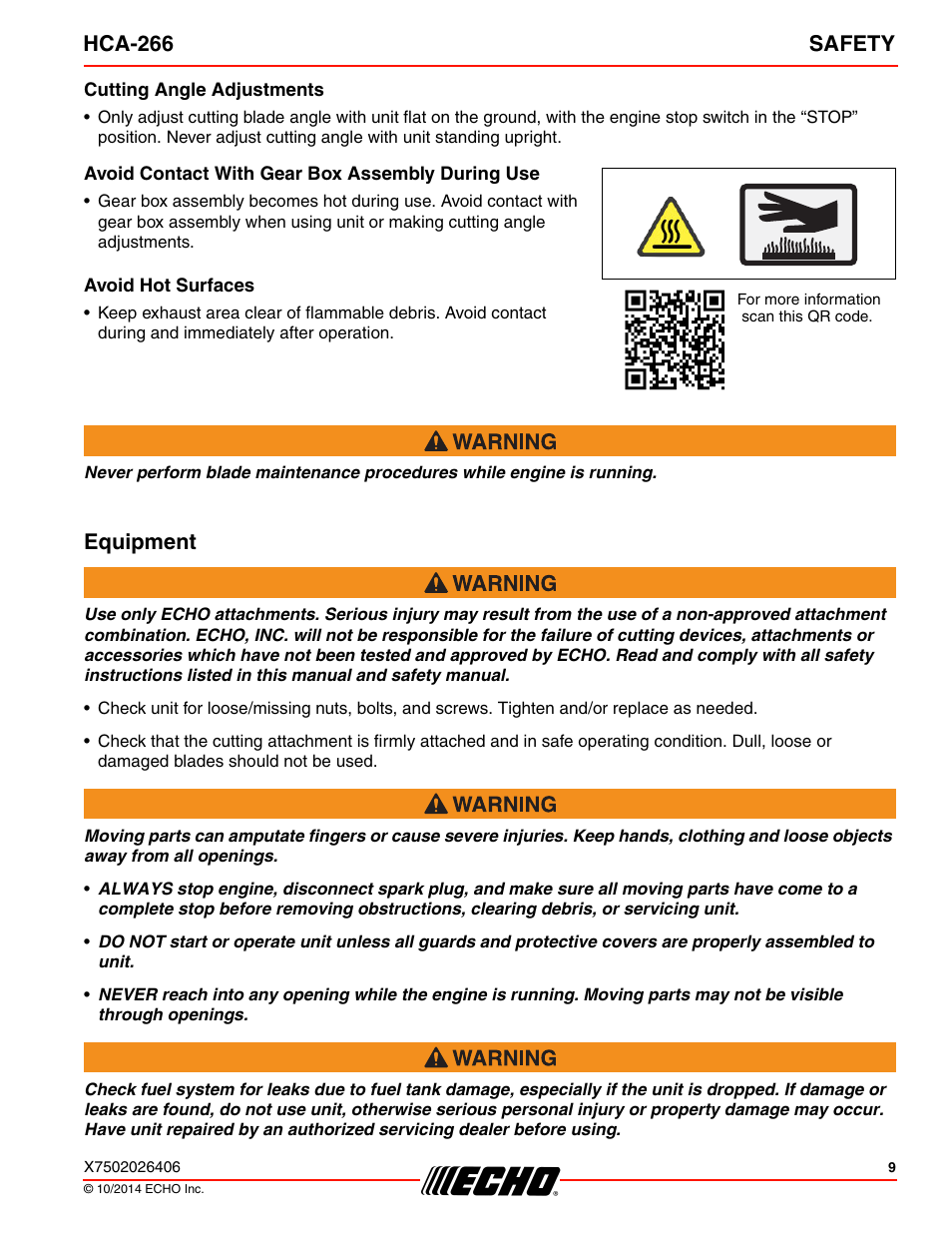 Equipment, Hca-266 safety | Echo HCA-266 User Manual | Page 9 / 40