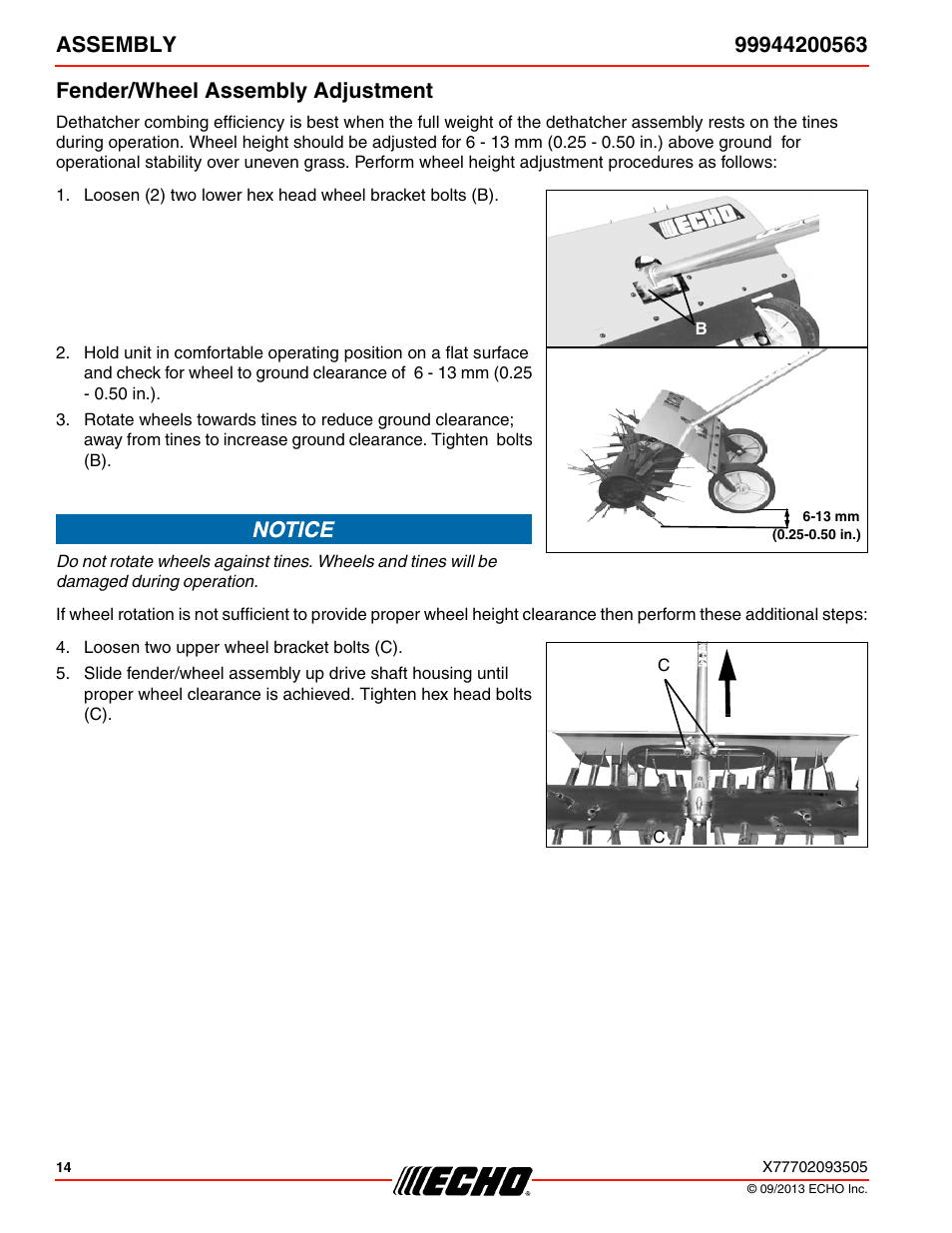 Fender/wheel assembly adjustment | Echo 99944200563 User Manual | Page 14 / 24