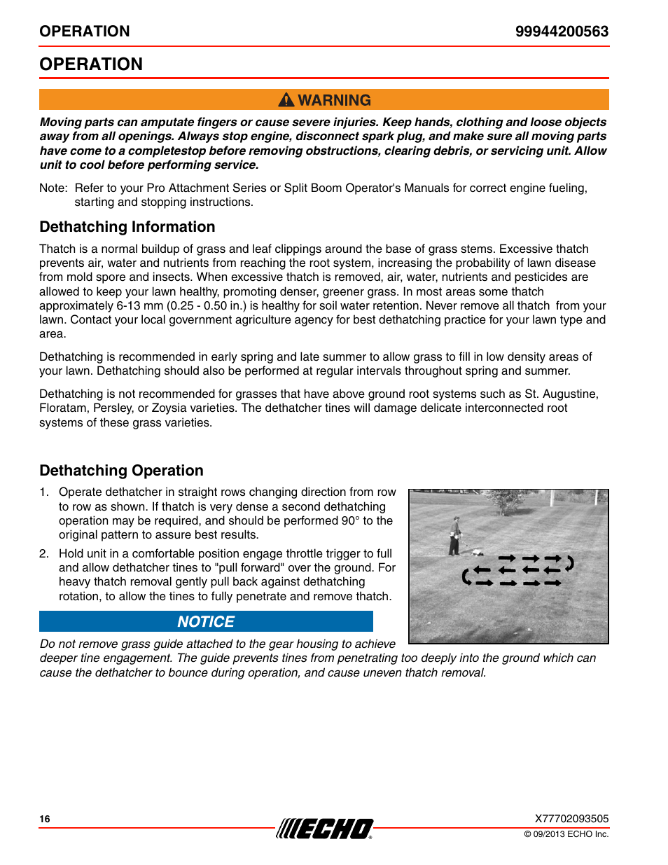 Operation, Dethatching information, Dethatching operation | Dethatching information dethatching operation | Echo 99944200563 User Manual | Page 16 / 24