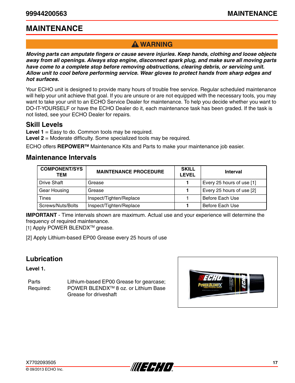 Maintenance, Skill levels, Maintenance intervals | Lubrication, Skill levels maintenance intervals lubrication | Echo 99944200563 User Manual | Page 17 / 24