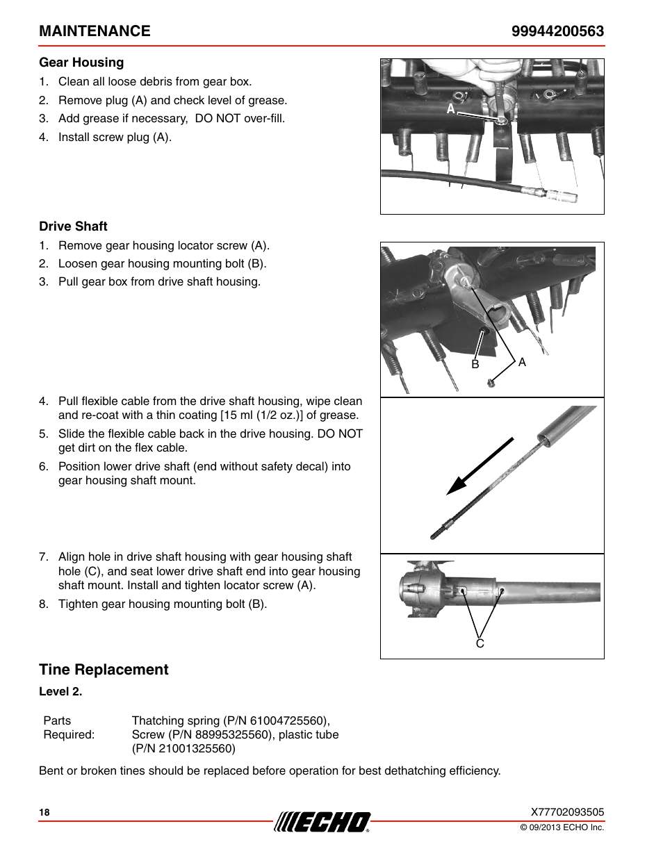 Gear housing, Drive shaft, Tine replacement | Echo 99944200563 User Manual | Page 18 / 24