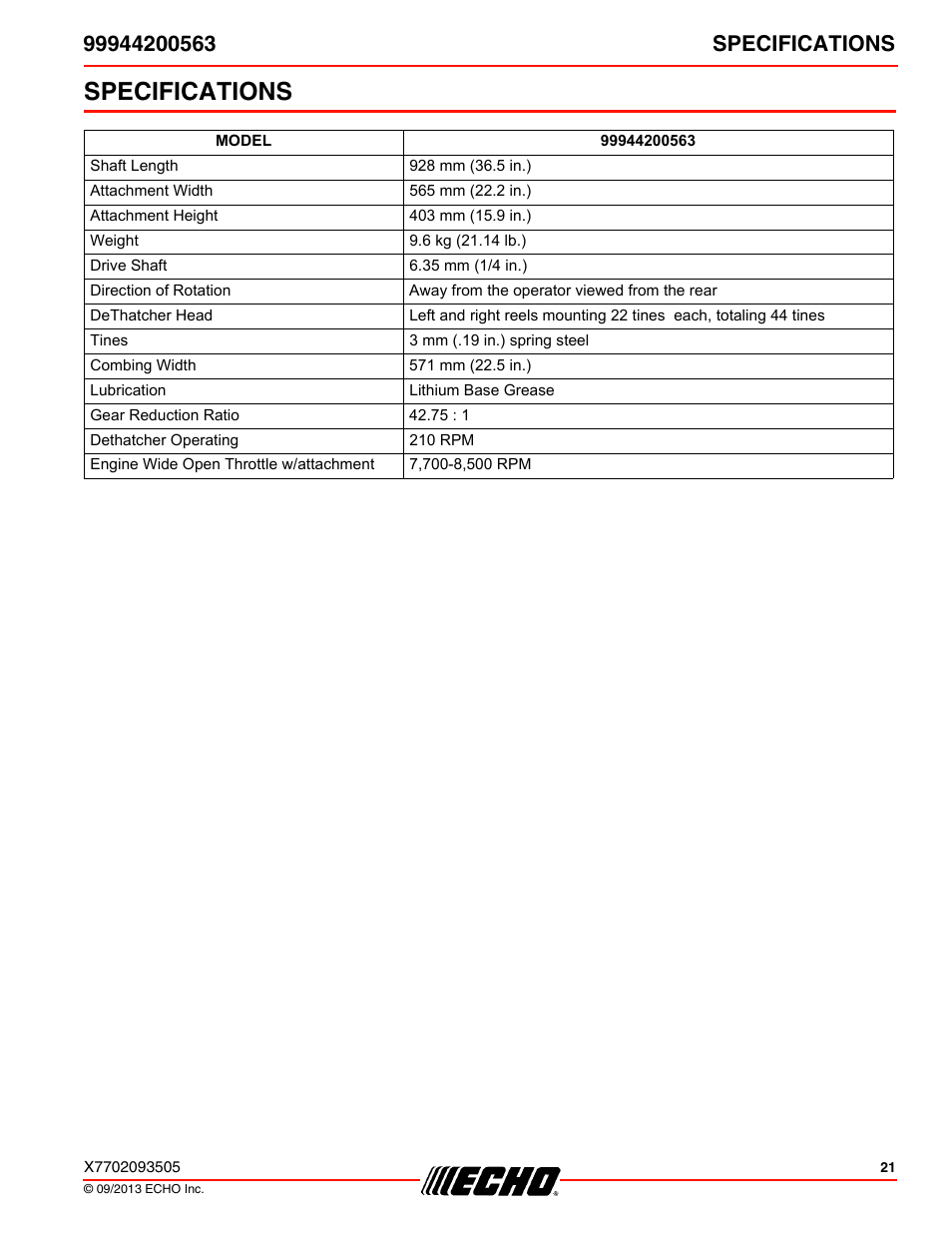 Specifications | Echo 99944200563 User Manual | Page 21 / 24