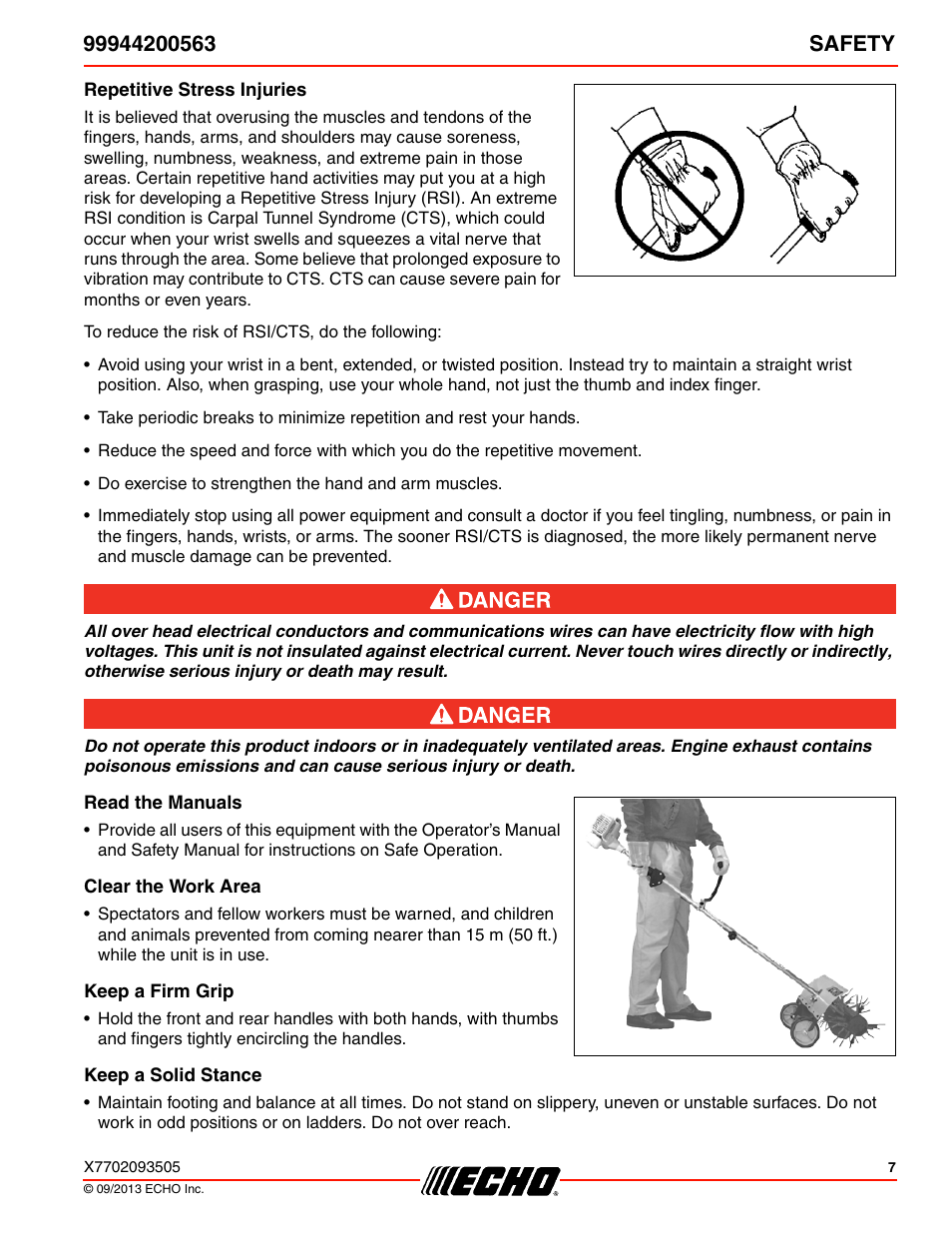 Repetitive stress injuries, Read the manuals, Clear the work area | Keep a firm grip, Keep a solid stance | Echo 99944200563 User Manual | Page 7 / 24