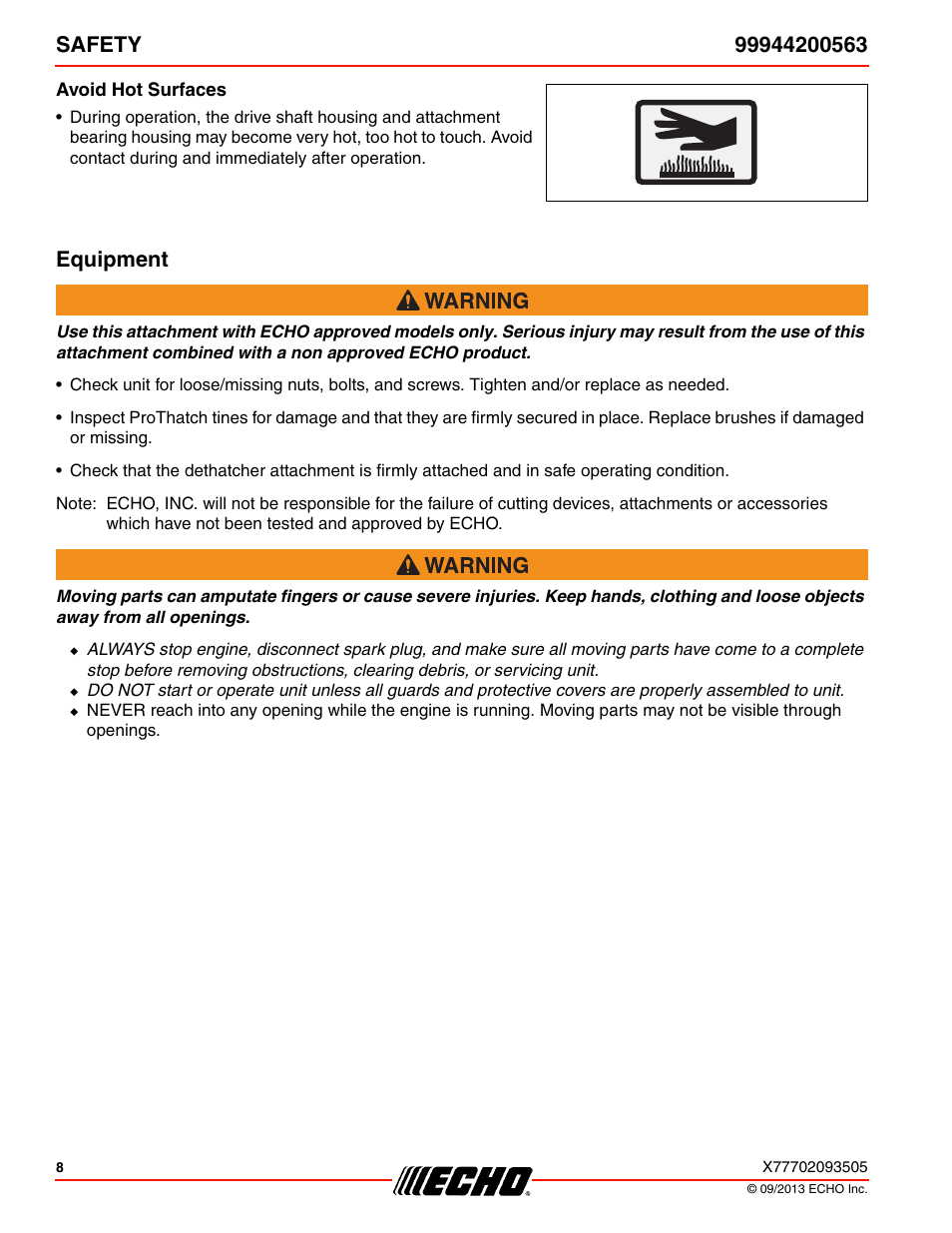 Avoid hot surfaces, Equipment | Echo 99944200563 User Manual | Page 8 / 24