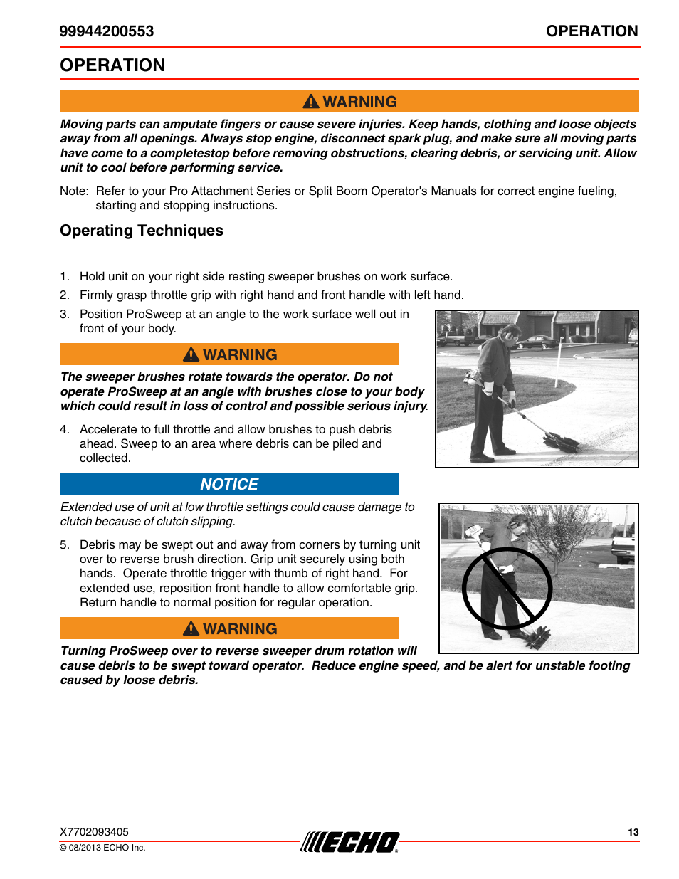 Operation, Operating techniques | Echo 99944200553 User Manual | Page 13 / 24