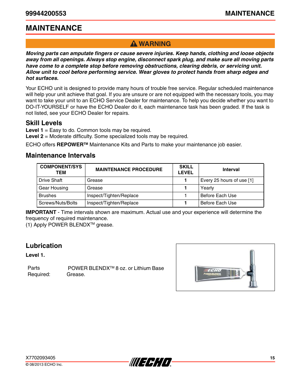 Maintenance, Skill levels, Maintenance intervals | Lubrication, Skill levels maintenance intervals lubrication | Echo 99944200553 User Manual | Page 15 / 24