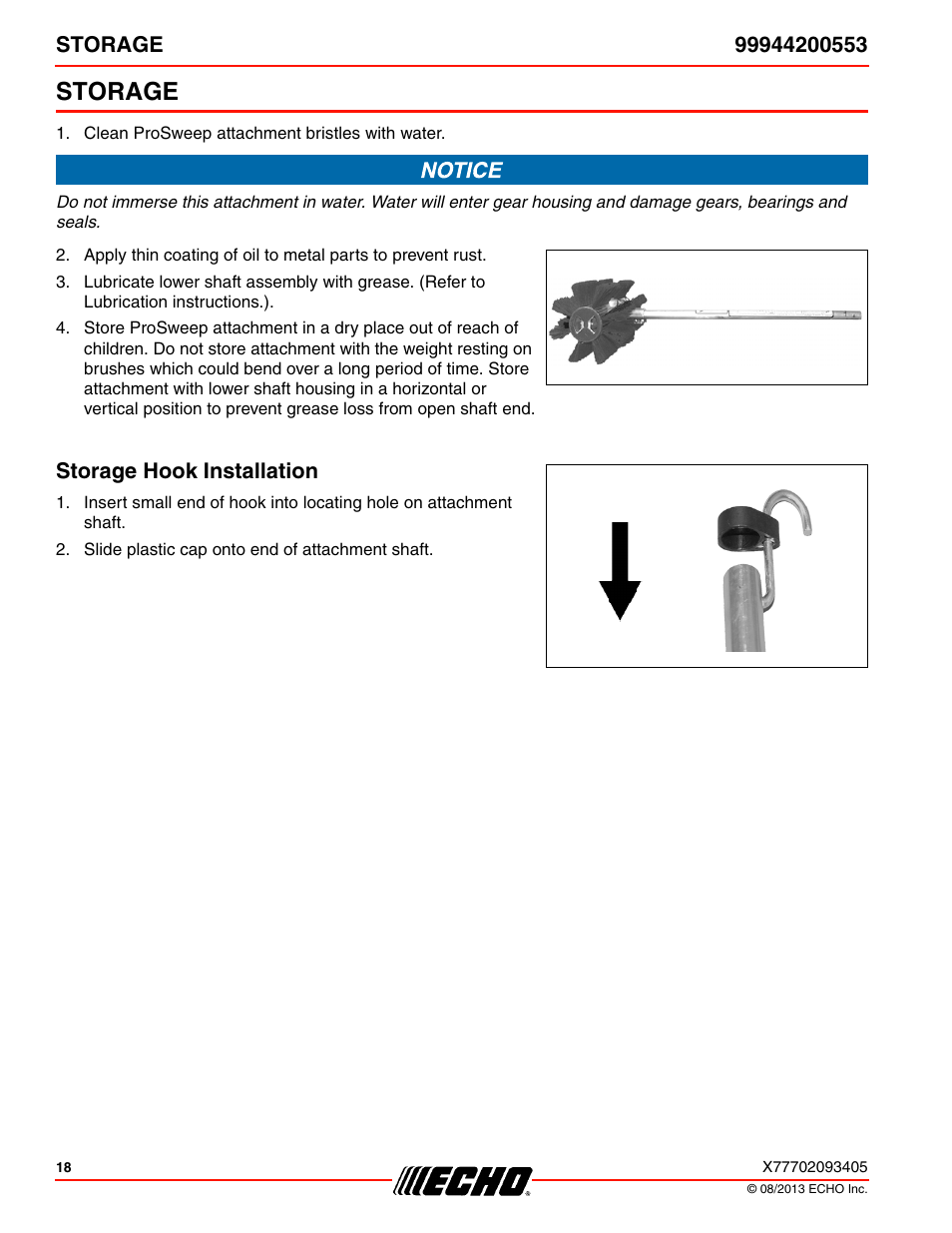 Storage, Storage hook installation | Echo 99944200553 User Manual | Page 18 / 24