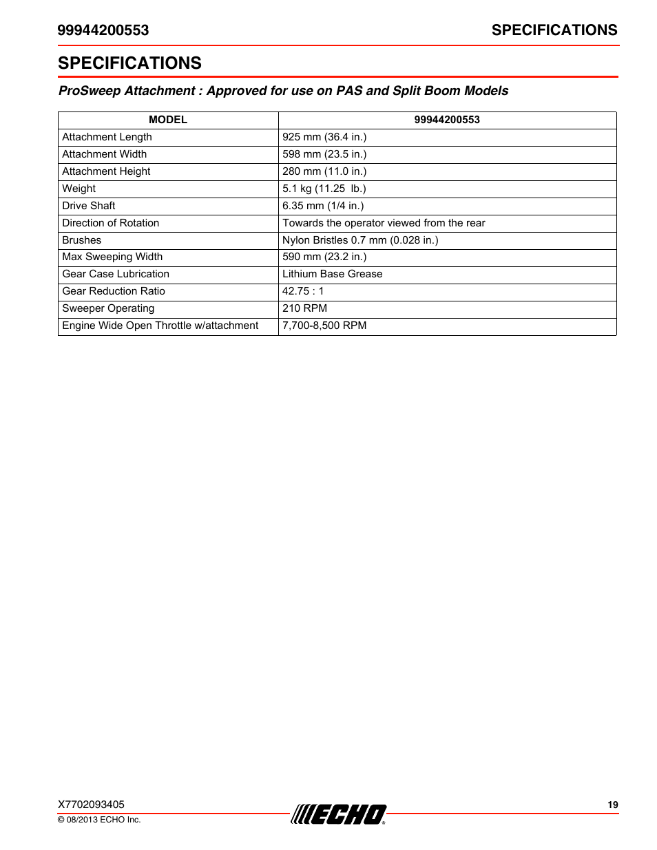 Specifications | Echo 99944200553 User Manual | Page 19 / 24