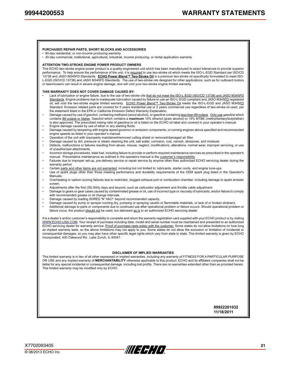 Echo 99944200553 User Manual | Page 21 / 24