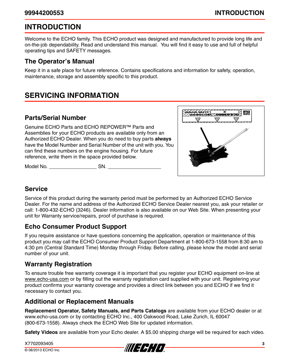 Introduction, The operator’s manual, Servicing information | Parts/serial number, Service, Echo consumer product support, Warranty registration, Additional or replacement manuals | Echo 99944200553 User Manual | Page 3 / 24