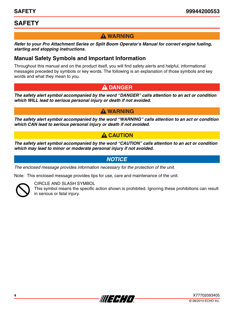 Safety, Manual safety symbols and important information | Echo 99944200553 User Manual | Page 4 / 24