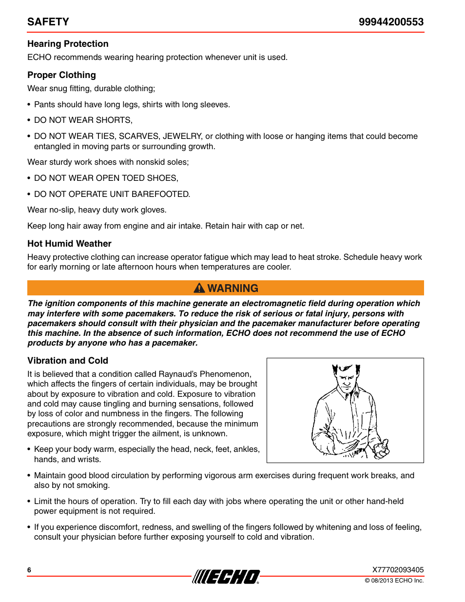 Hearing protection, Proper clothing, Hot humid weather | Vibration and cold | Echo 99944200553 User Manual | Page 6 / 24
