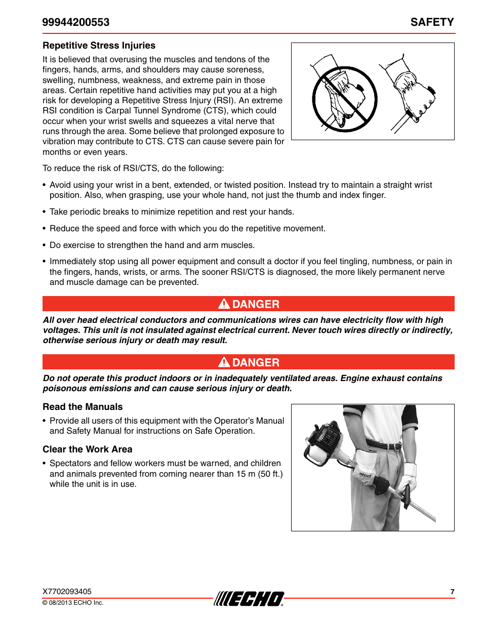 Repetitive stress injuries, Read the manuals, Clear the work area | Echo 99944200553 User Manual | Page 7 / 24