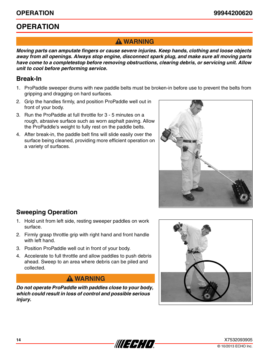 Operation, Break-in, Sweeping operation | Echo 99944200620 User Manual | Page 14 / 24