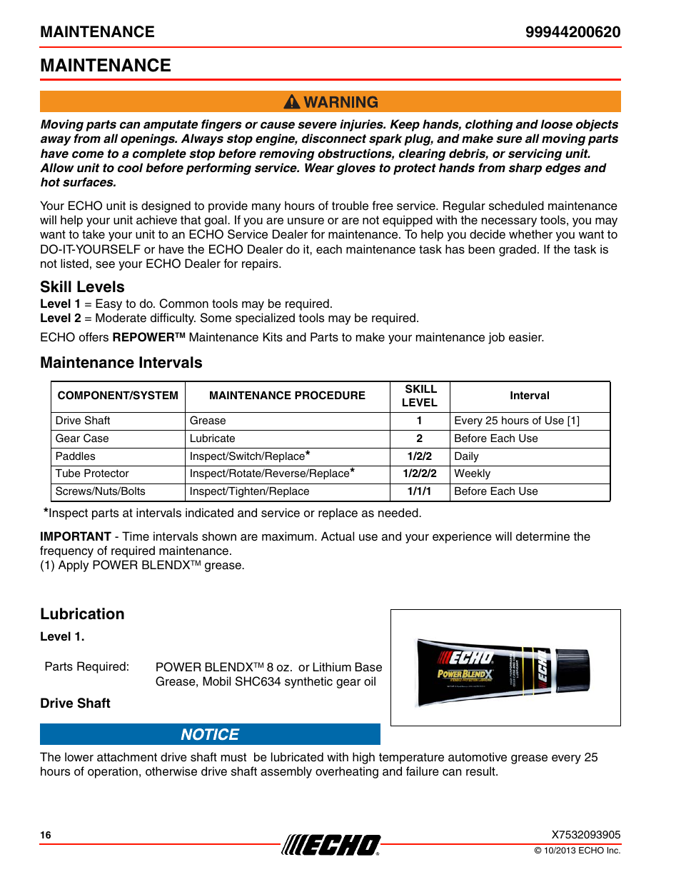 Maintenance, Skill levels, Maintenance intervals | Lubrication | Echo 99944200620 User Manual | Page 16 / 24