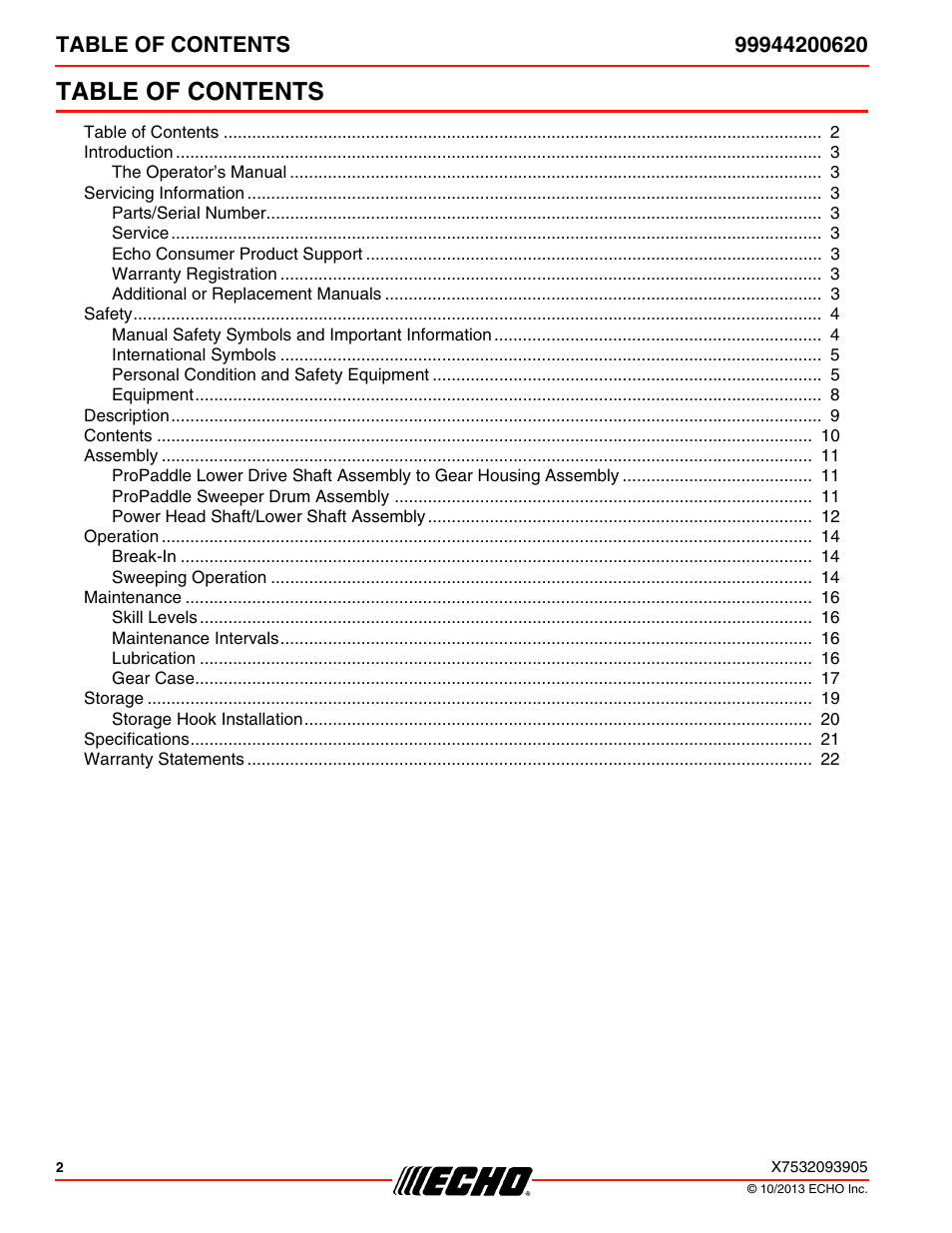 Echo 99944200620 User Manual | Page 2 / 24