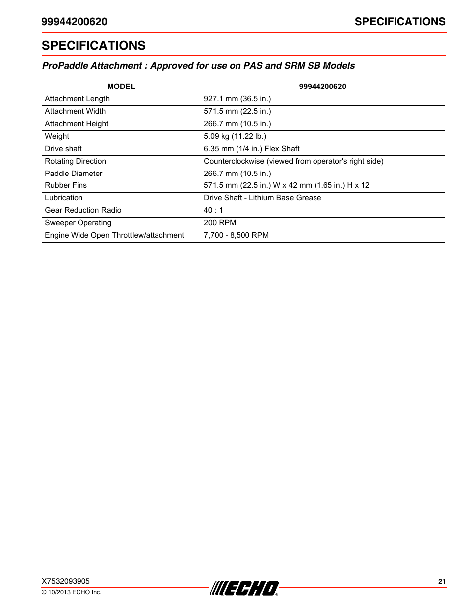 Specifications | Echo 99944200620 User Manual | Page 21 / 24