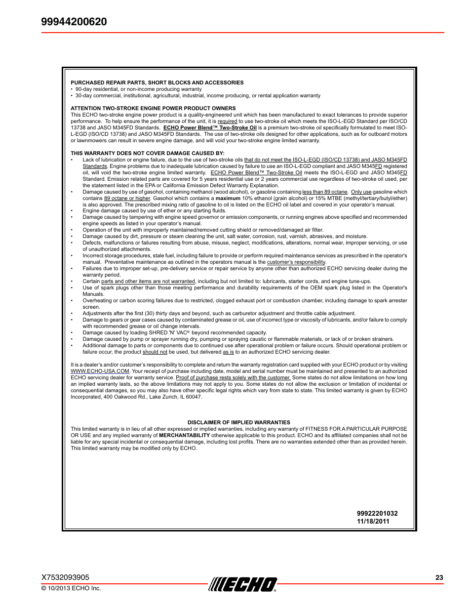 Echo 99944200620 User Manual | Page 23 / 24