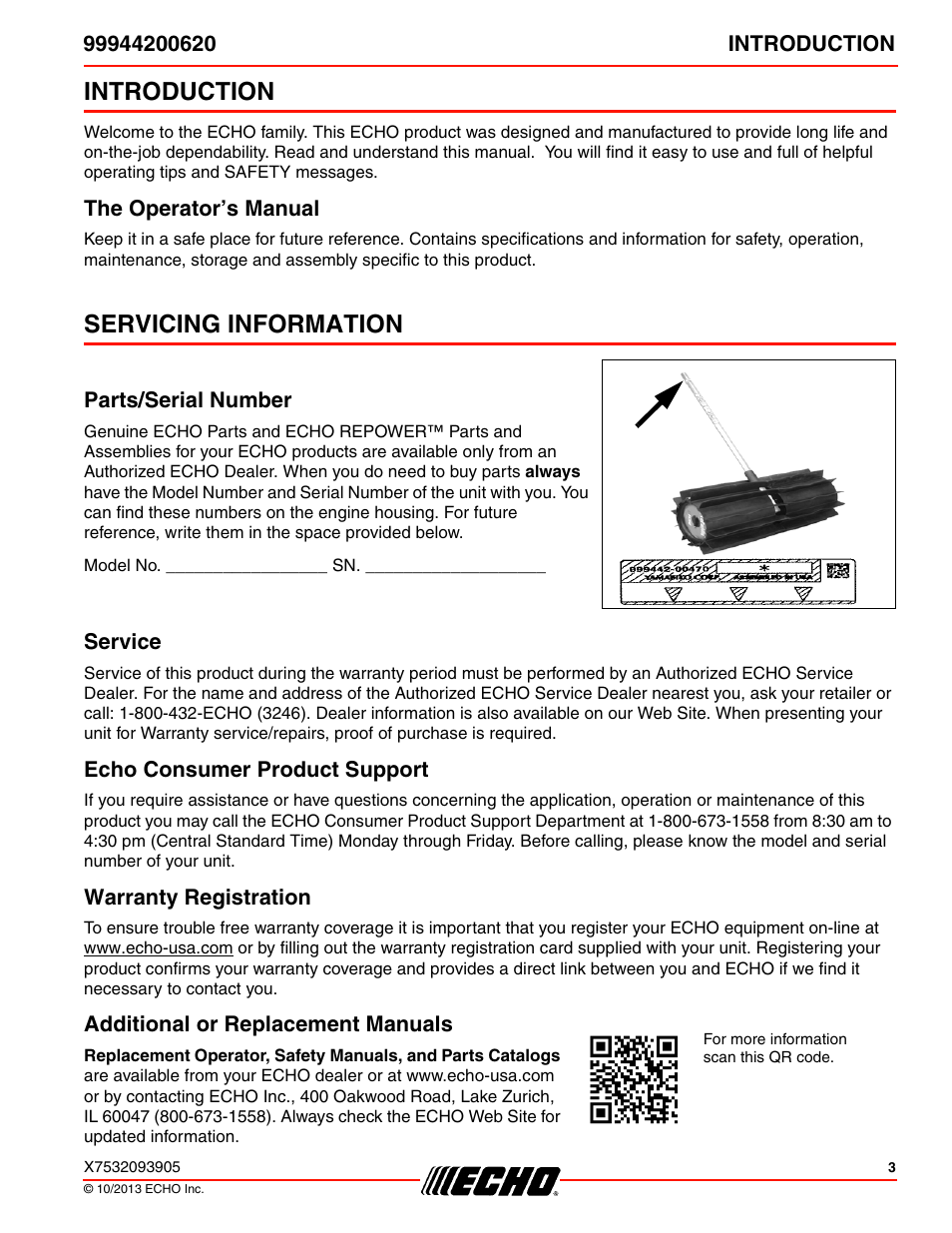 Introduction, The operator’s manual, Servicing information | Parts/serial number, Service, Echo consumer product support, Warranty registration, Additional or replacement manuals | Echo 99944200620 User Manual | Page 3 / 24