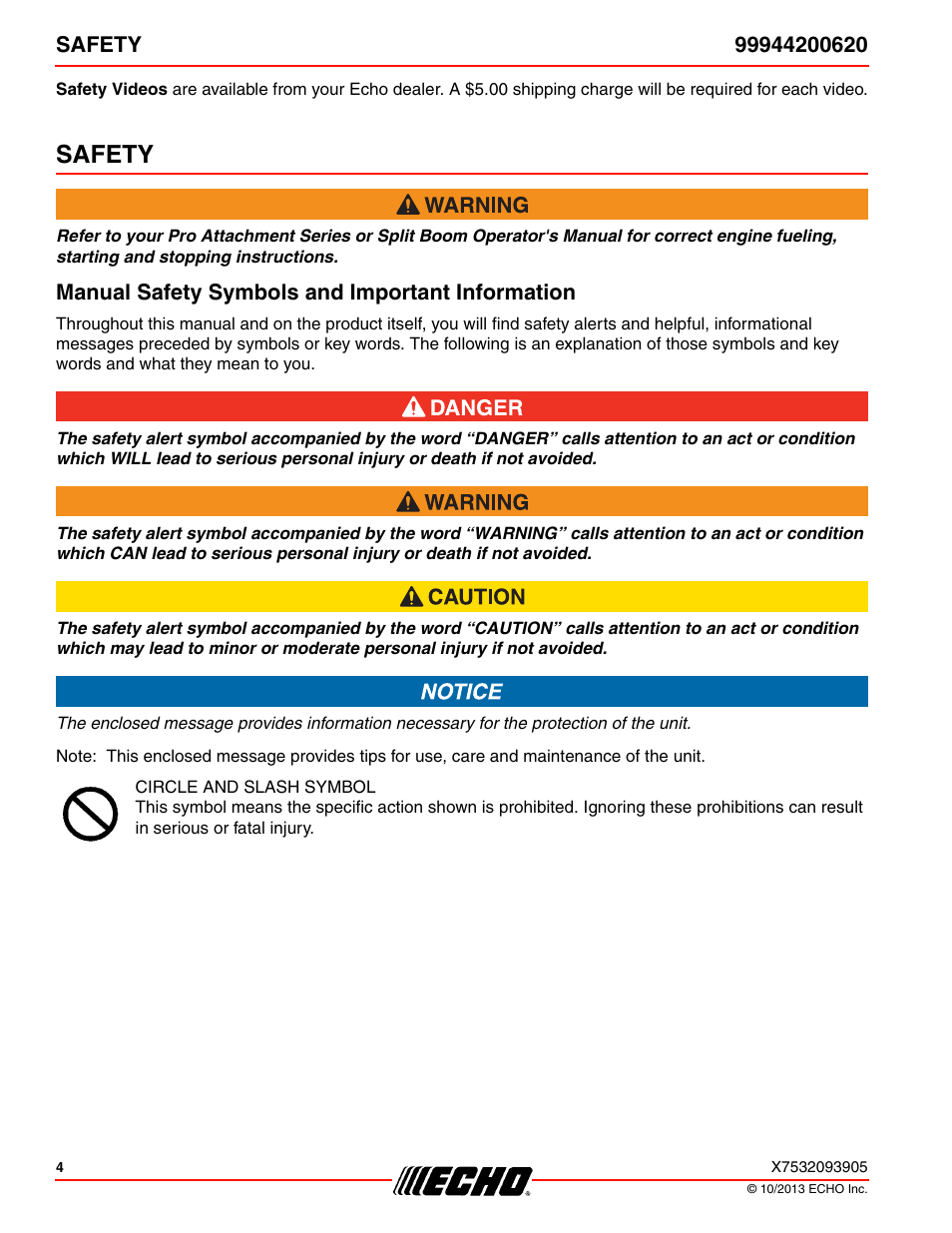 Safety, Manual safety symbols and important information | Echo 99944200620 User Manual | Page 4 / 24