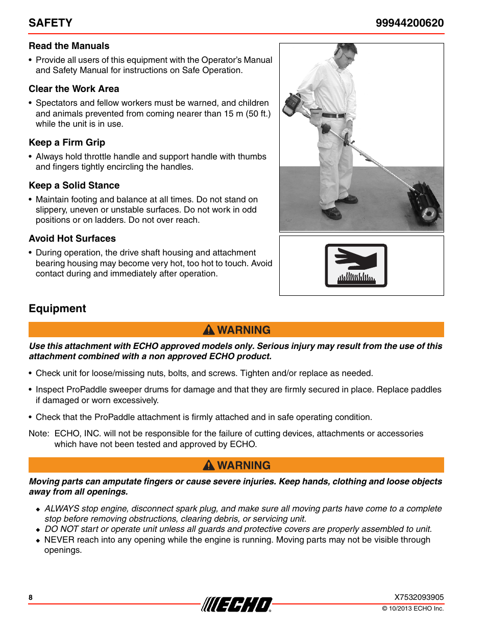 Read the manuals, Clear the work area, Keep a firm grip | Keep a solid stance, Avoid hot surfaces, Equipment | Echo 99944200620 User Manual | Page 8 / 24