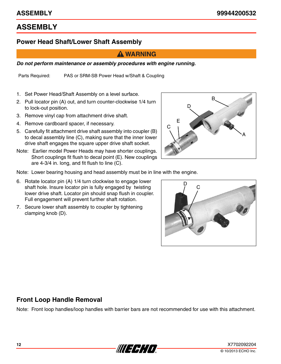 Assembly, Power head shaft/lower shaft assembly, Front loop handle removal | Echo 99944200532 User Manual | Page 12 / 28