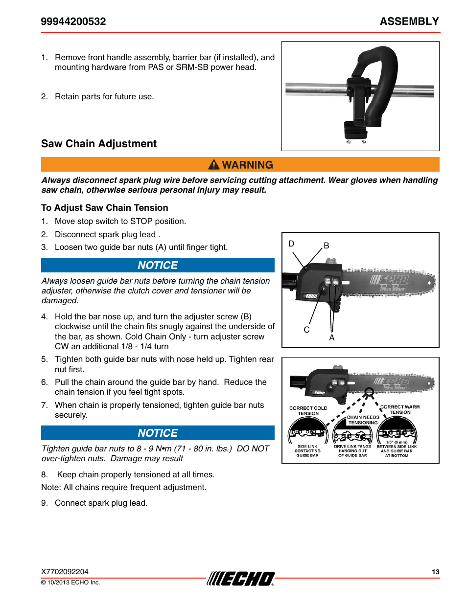 Saw chain adjustment, To adjust saw chain tension | Echo 99944200532 User Manual | Page 13 / 28