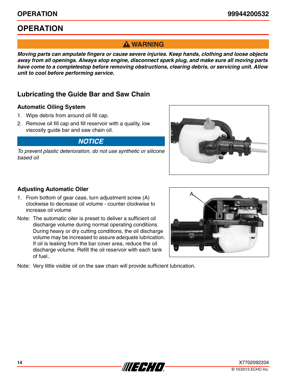 Operation, Lubricating the guide bar and saw chain, Automatic oiling system | Adjusting automatic oiler | Echo 99944200532 User Manual | Page 14 / 28