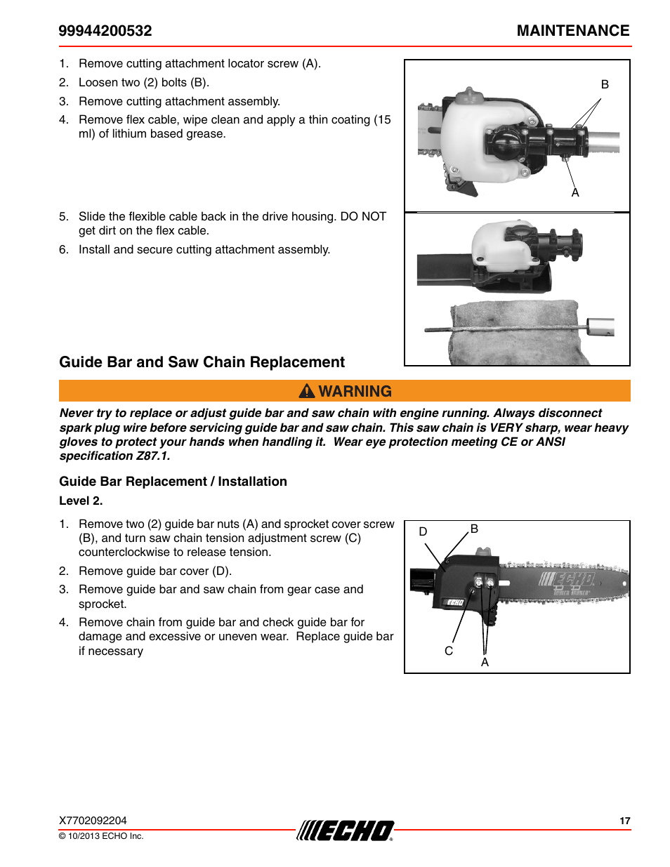 Guide bar and saw chain replacement, Guide bar replacement / installation | Echo 99944200532 User Manual | Page 17 / 28