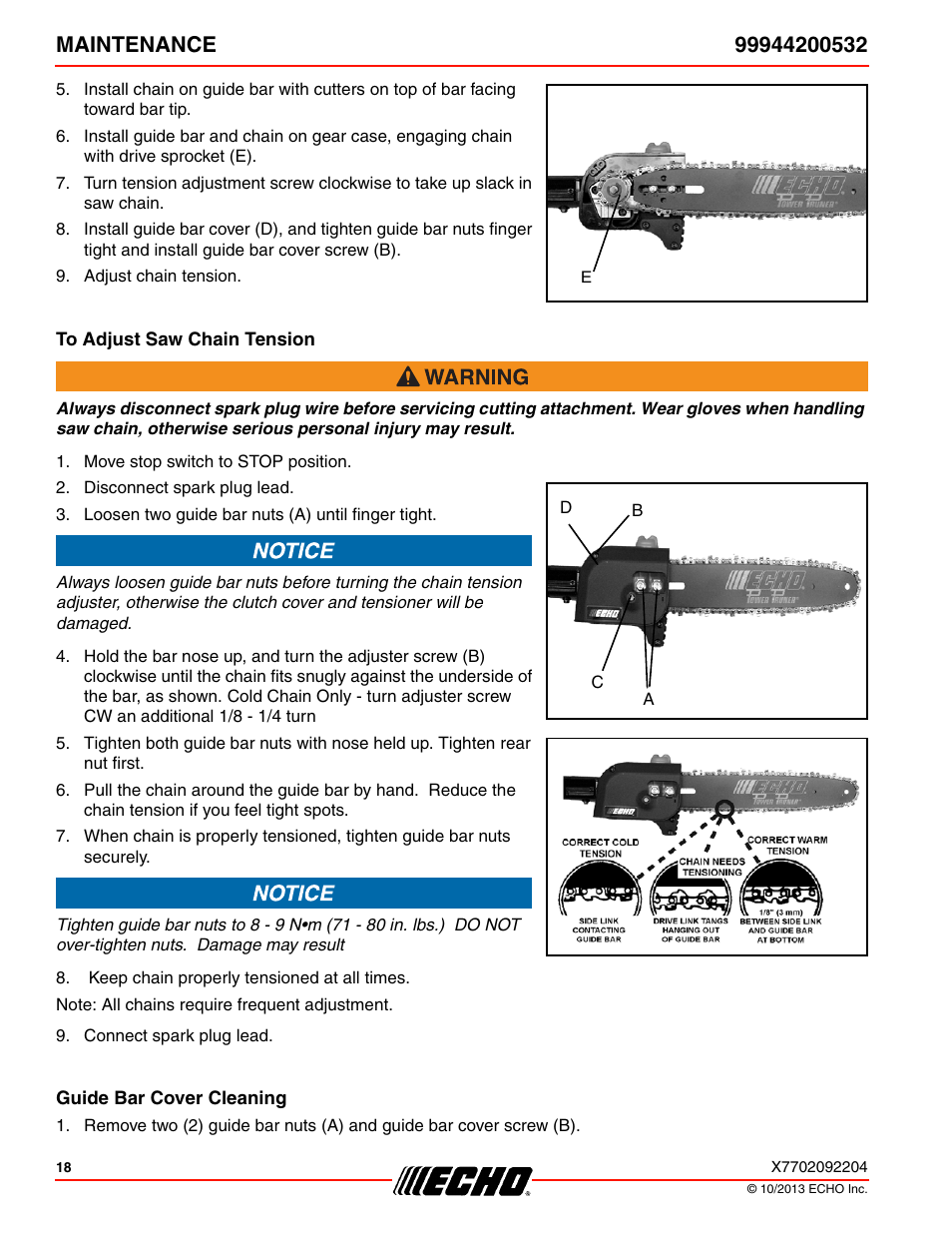 To adjust saw chain tension, Guide bar cover cleaning | Echo 99944200532 User Manual | Page 18 / 28