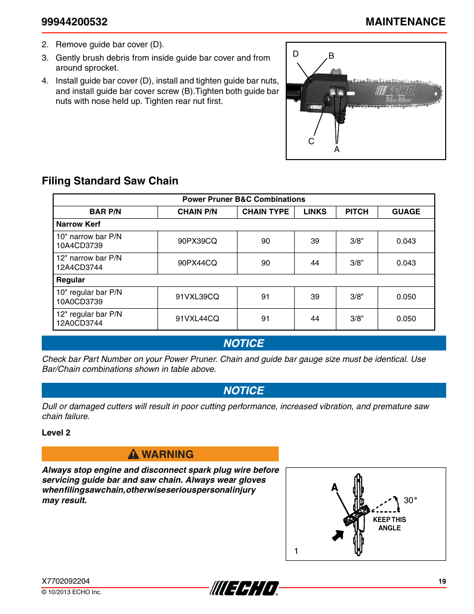 Filing standard saw chain | Echo 99944200532 User Manual | Page 19 / 28