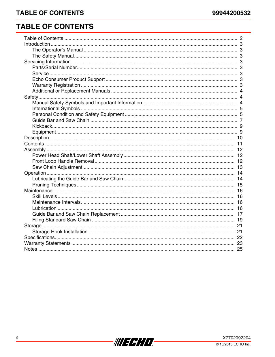 Echo 99944200532 User Manual | Page 2 / 28