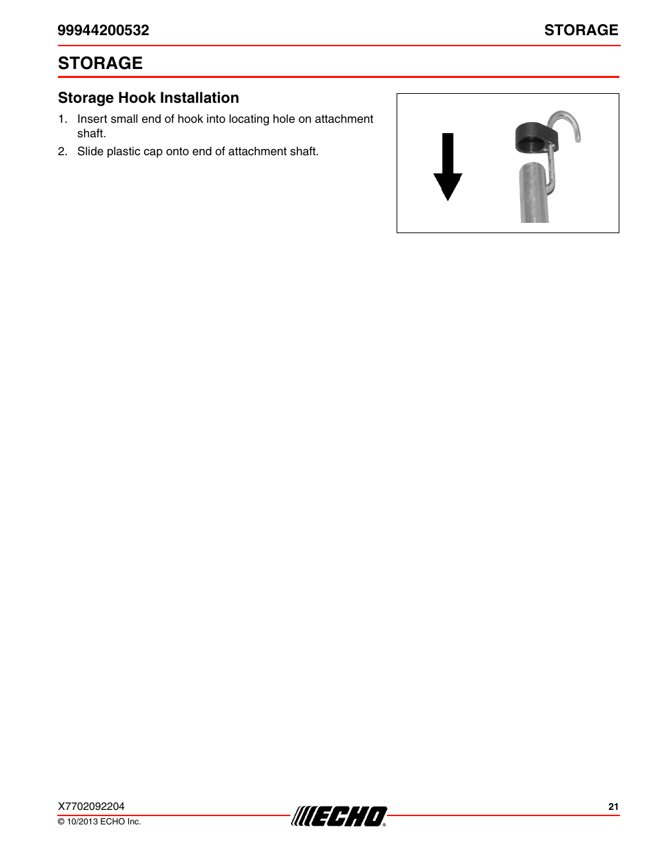 Storage, Storage hook installation | Echo 99944200532 User Manual | Page 21 / 28