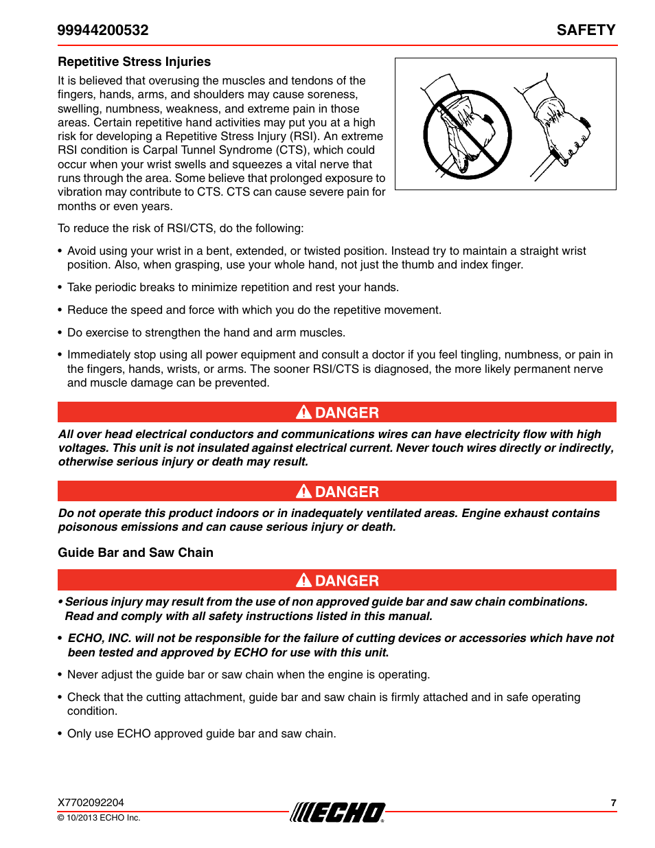 Repetitive stress injuries, Guide bar and saw chain | Echo 99944200532 User Manual | Page 7 / 28