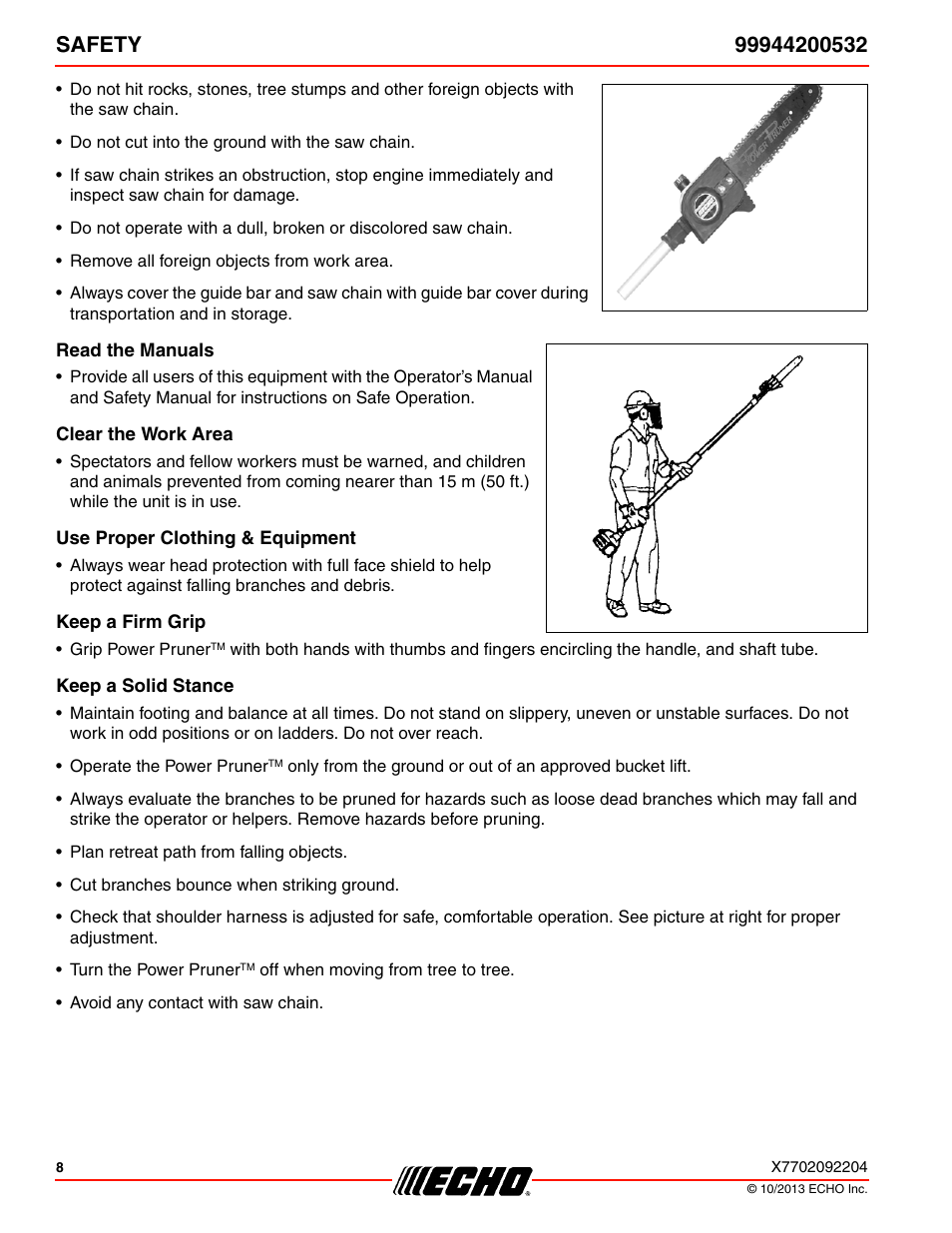 Read the manuals, Clear the work area, Use proper clothing & equipment | Keep a firm grip, Keep a solid stance | Echo 99944200532 User Manual | Page 8 / 28