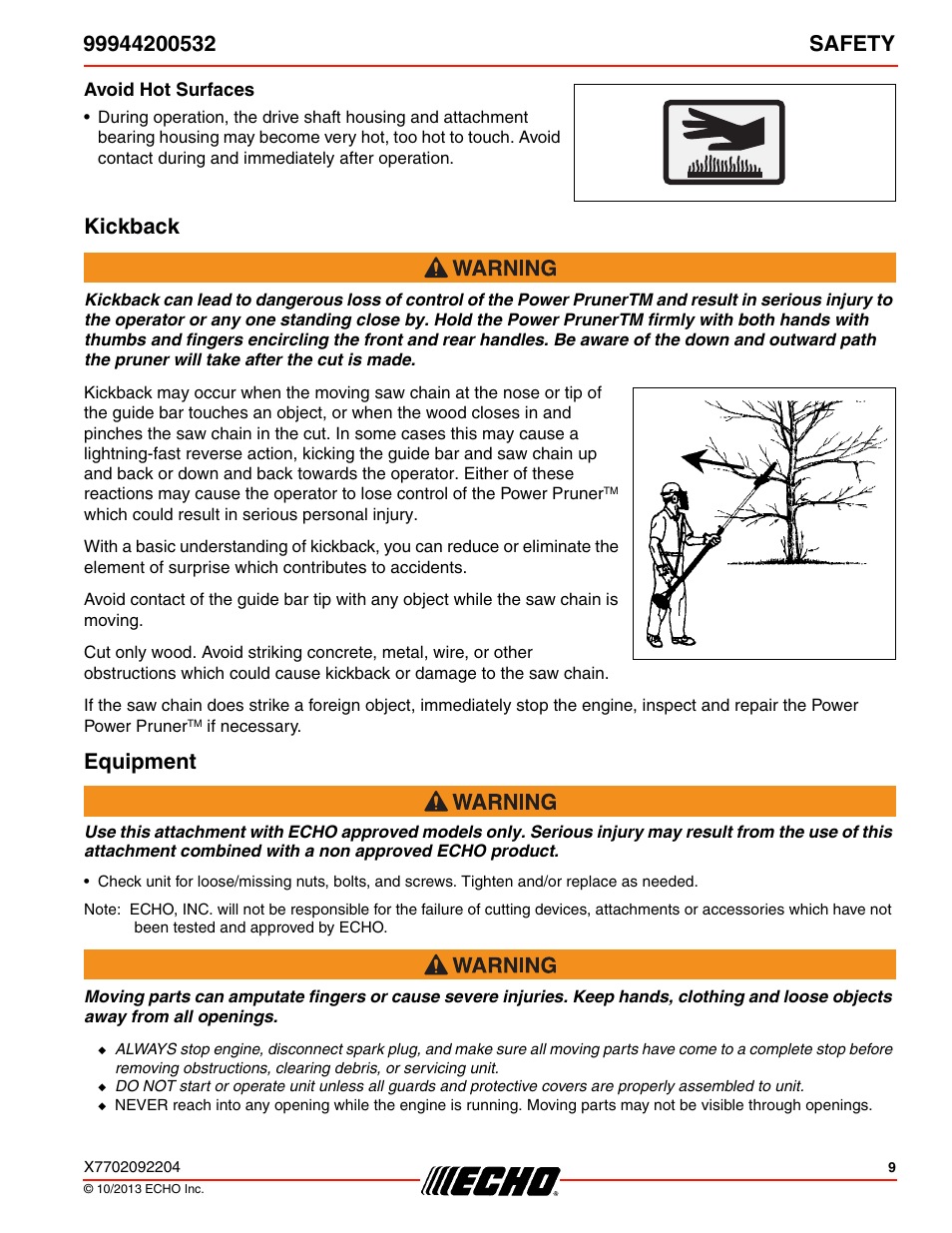 Avoid hot surfaces, Kickback, Equipment | Kickback equipment | Echo 99944200532 User Manual | Page 9 / 28