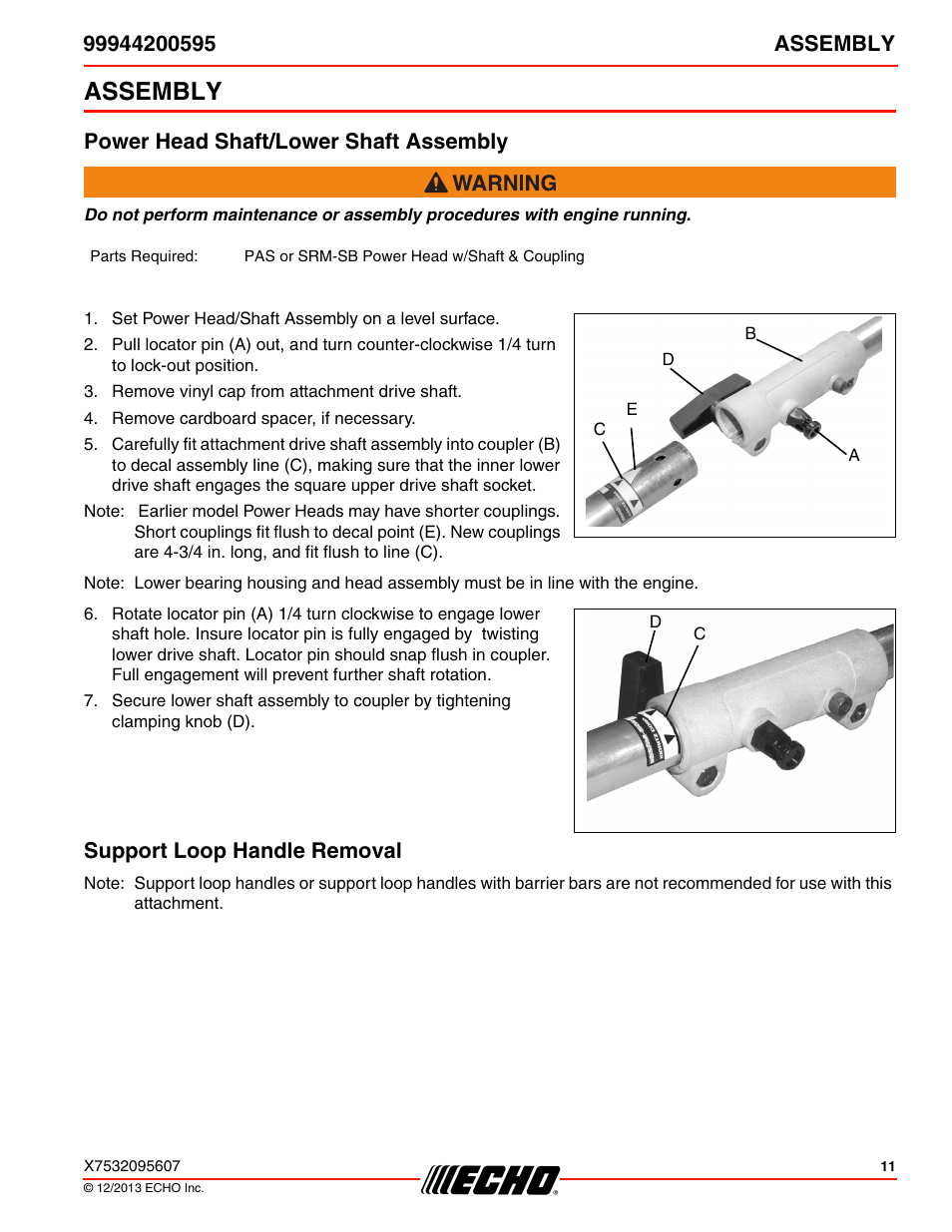 Assembly, Power head shaft/lower shaft assembly, Support loop handle removal | Echo 99944200595 User Manual | Page 11 / 24