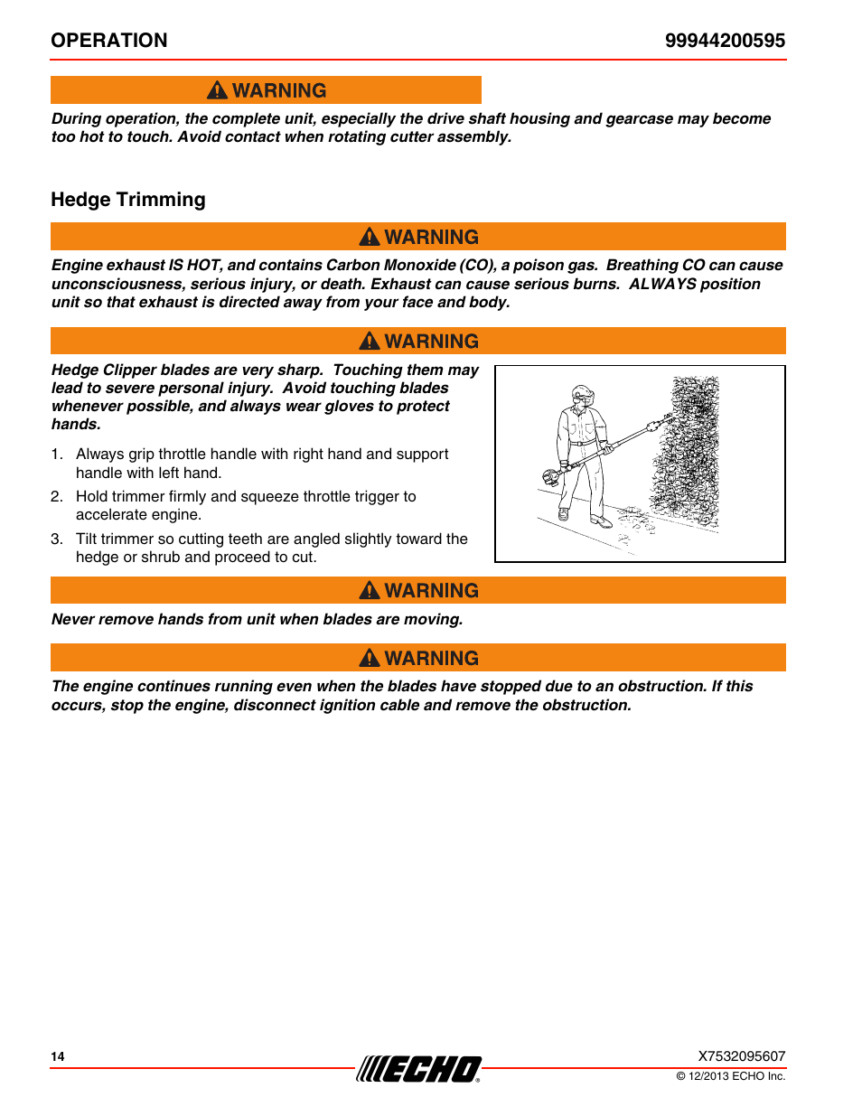 Hedge trimming | Echo 99944200595 User Manual | Page 14 / 24