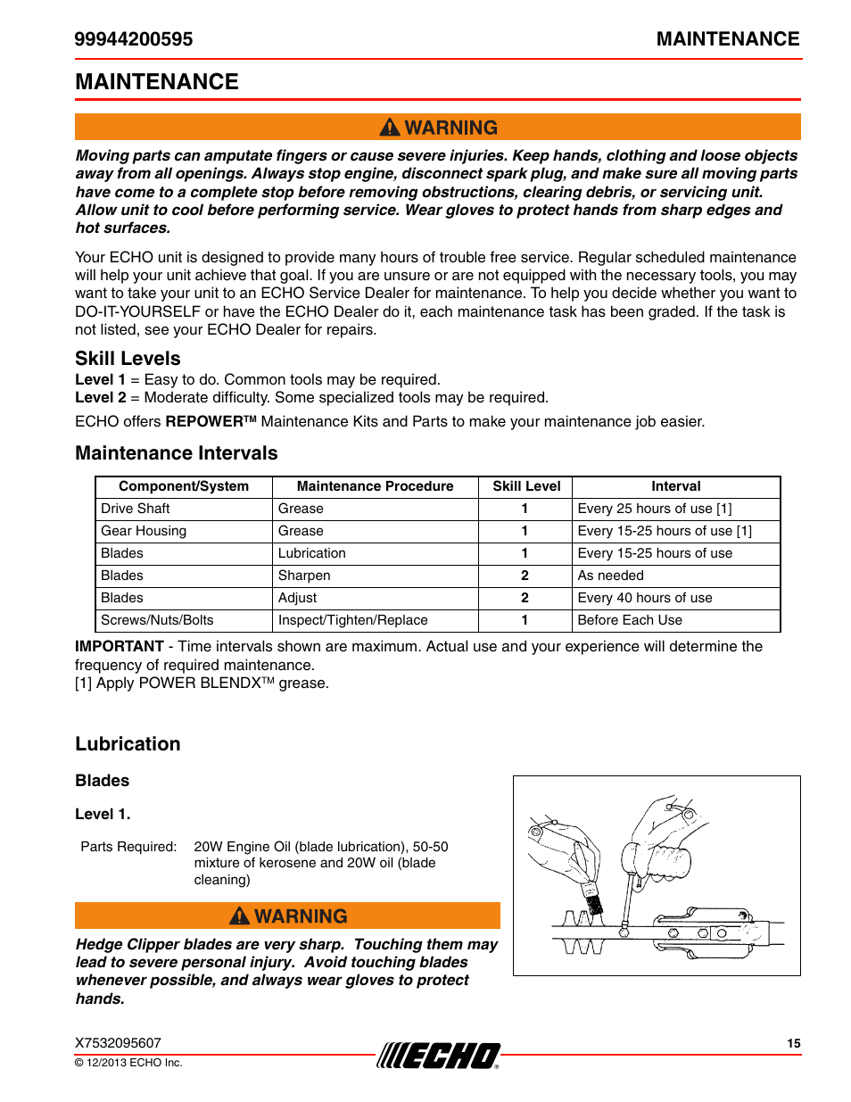 Maintenance, Skill levels, Maintenance intervals | Lubrication, Blades, Level 1, Skill levels maintenance intervals lubrication | Echo 99944200595 User Manual | Page 15 / 24