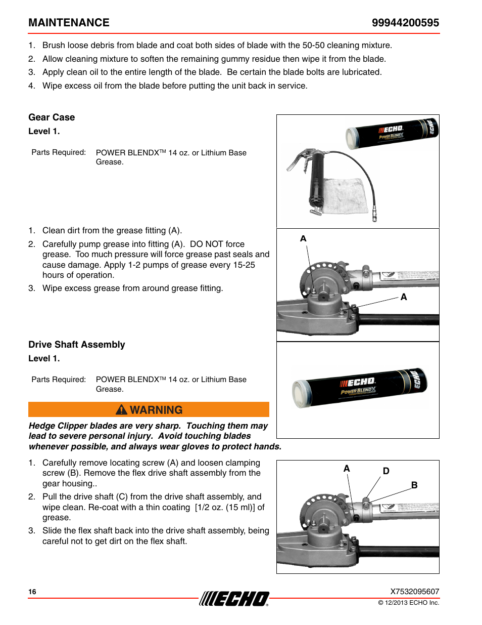 Gear case, Drive shaft assembly | Echo 99944200595 User Manual | Page 16 / 24