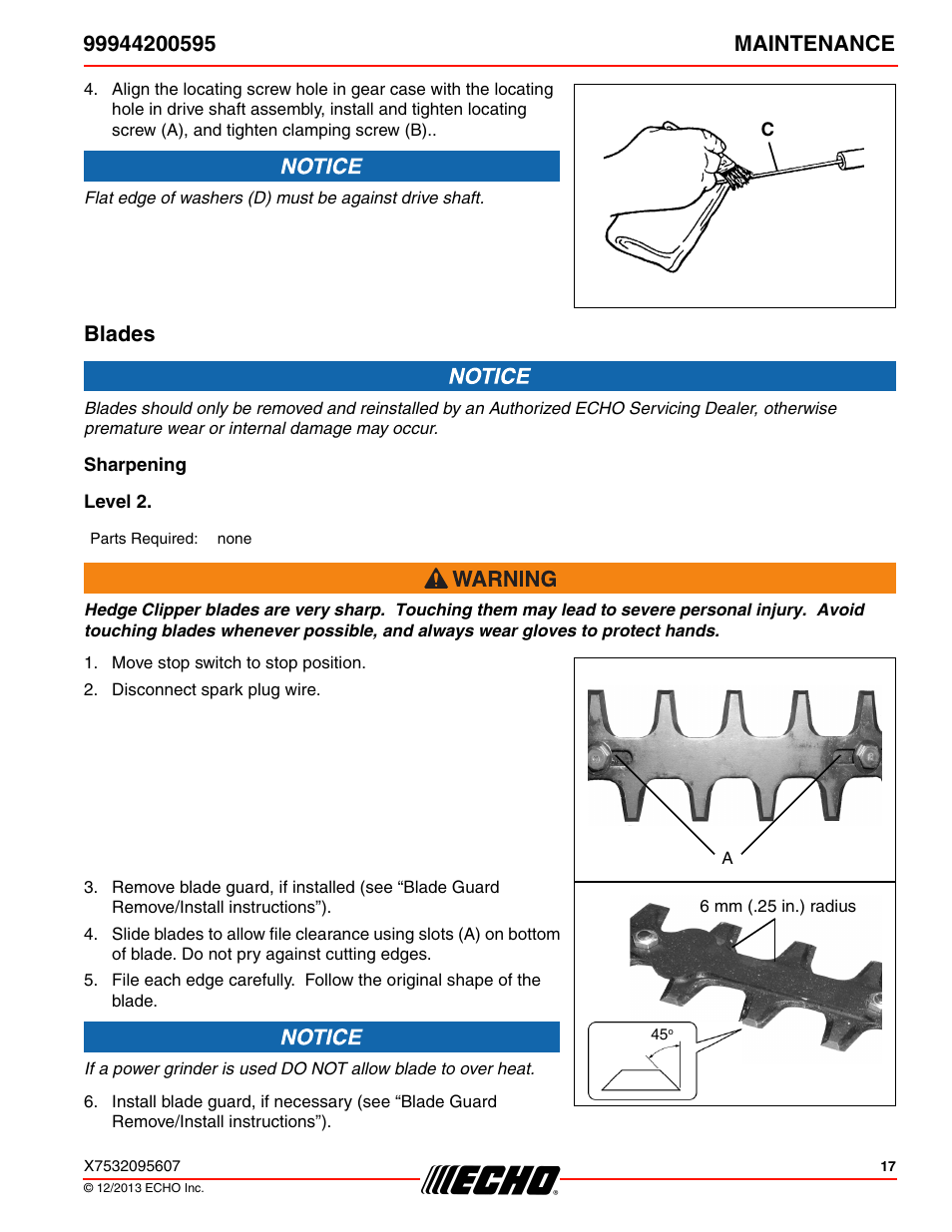 Blades, Sharpening, Level 2 | Echo 99944200595 User Manual | Page 17 / 24