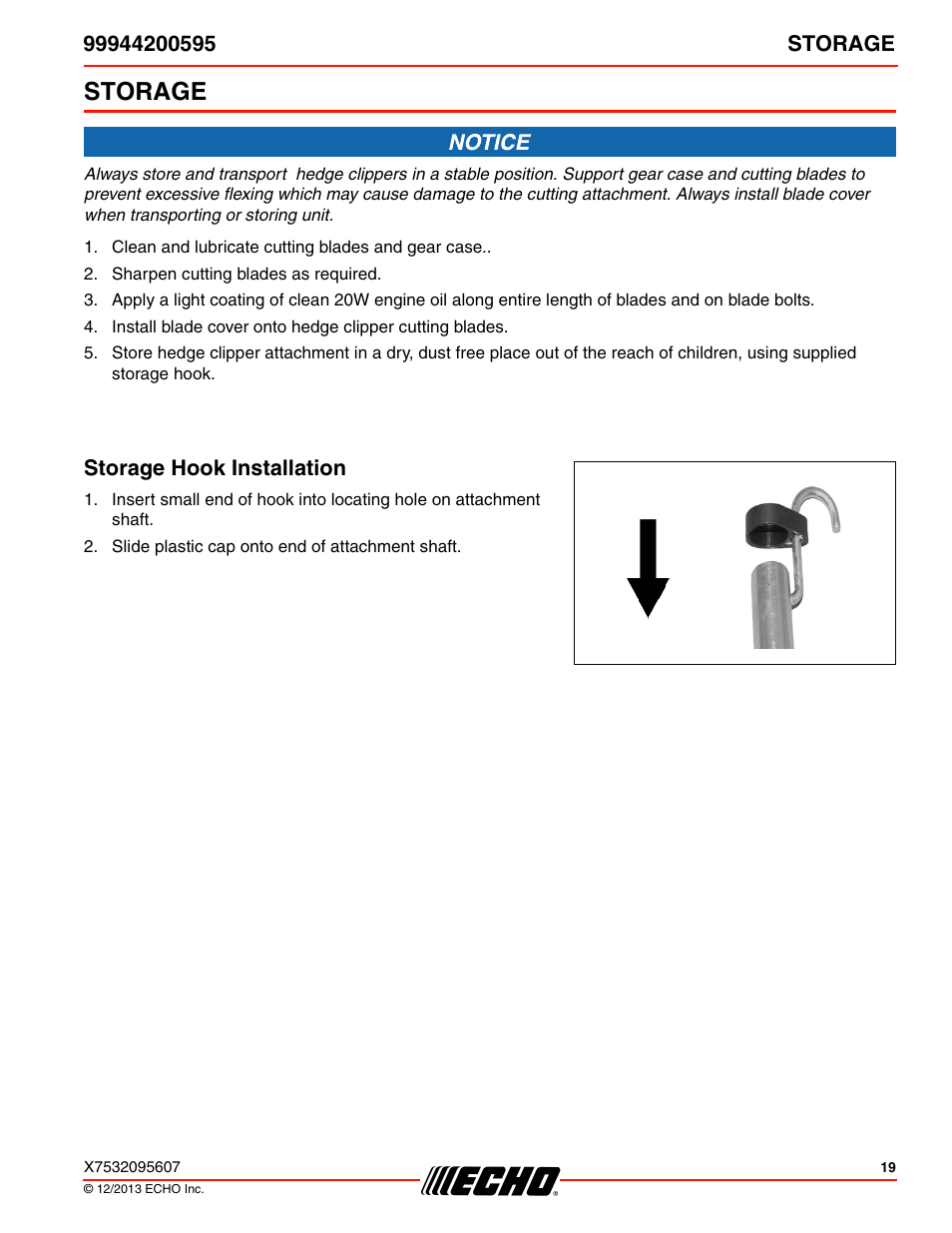 Storage, Storage hook installation | Echo 99944200595 User Manual | Page 19 / 24