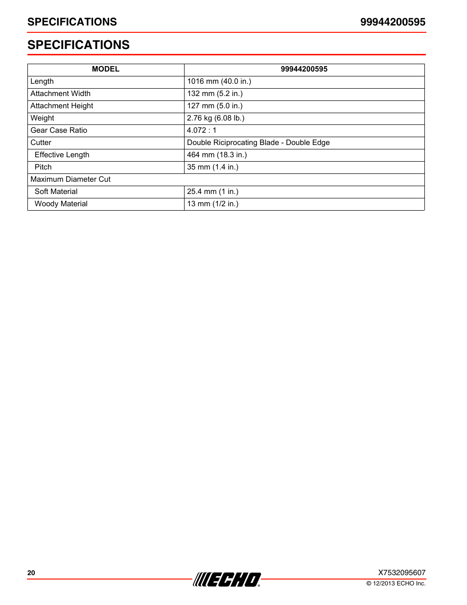 Specifications | Echo 99944200595 User Manual | Page 20 / 24