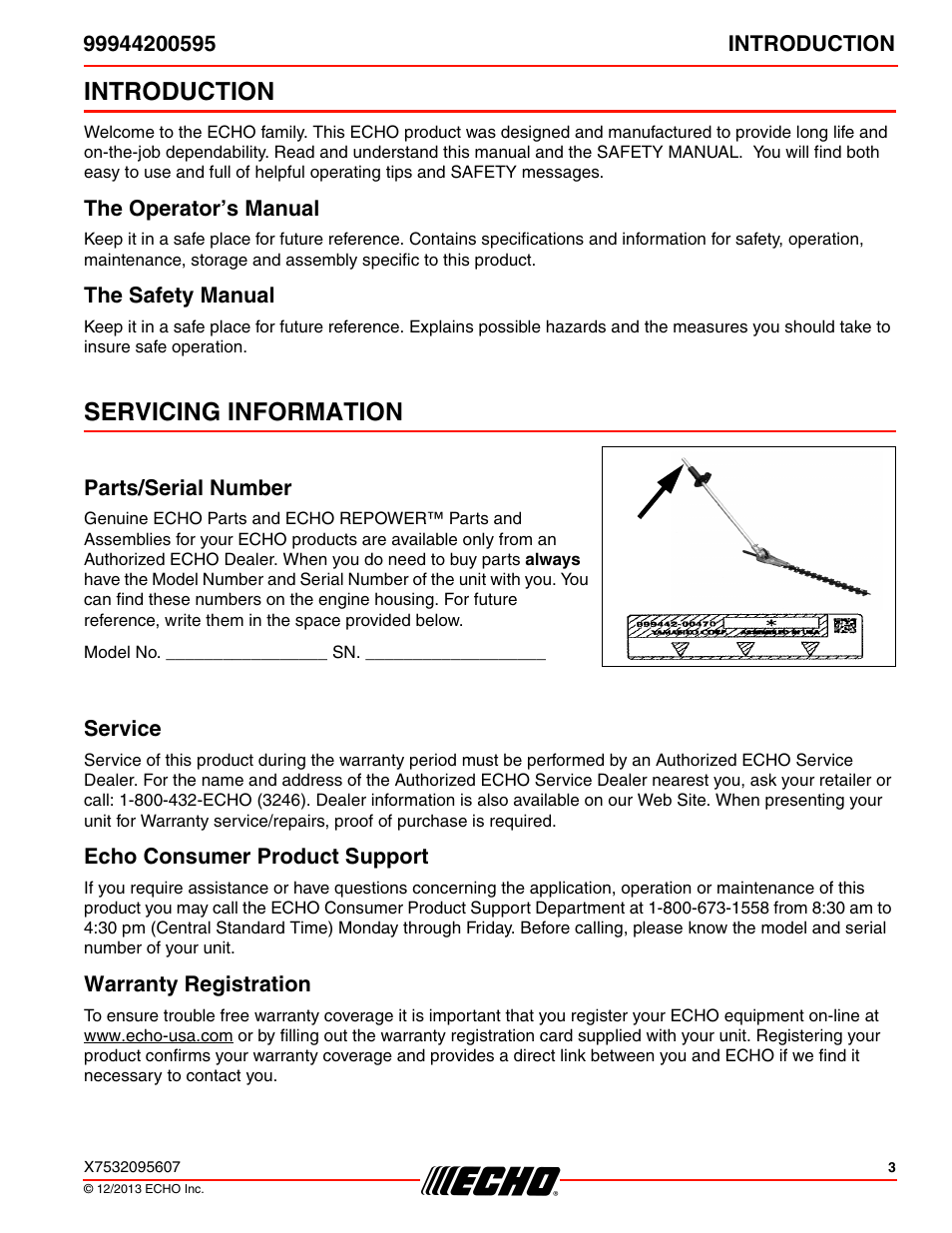 Introduction, The operator’s manual, The safety manual | Servicing information, Parts/serial number, Service, Echo consumer product support, Warranty registration, The operator’s manual the safety manual | Echo 99944200595 User Manual | Page 3 / 24