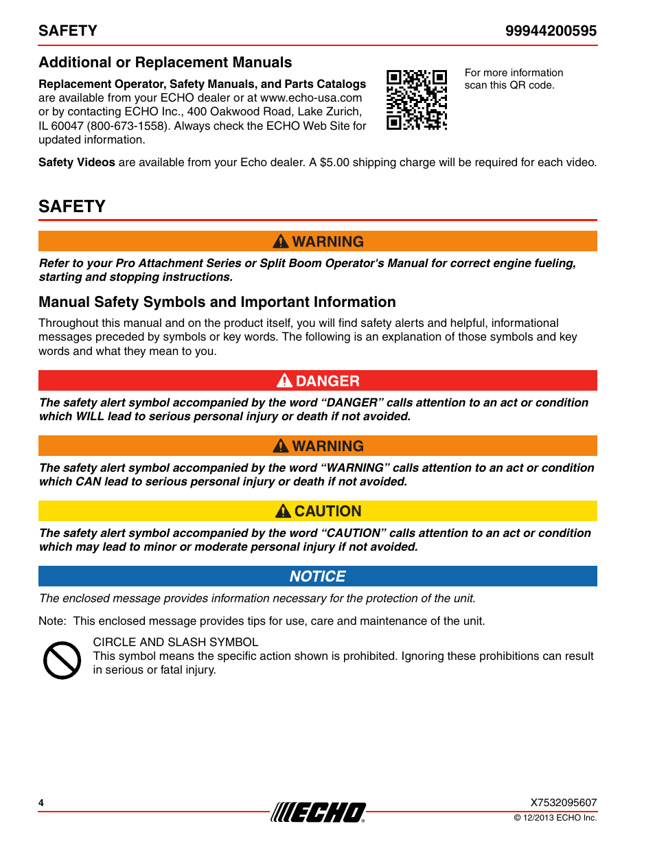 Additional or replacement manuals, Safety, Manual safety symbols and important information | Echo 99944200595 User Manual | Page 4 / 24