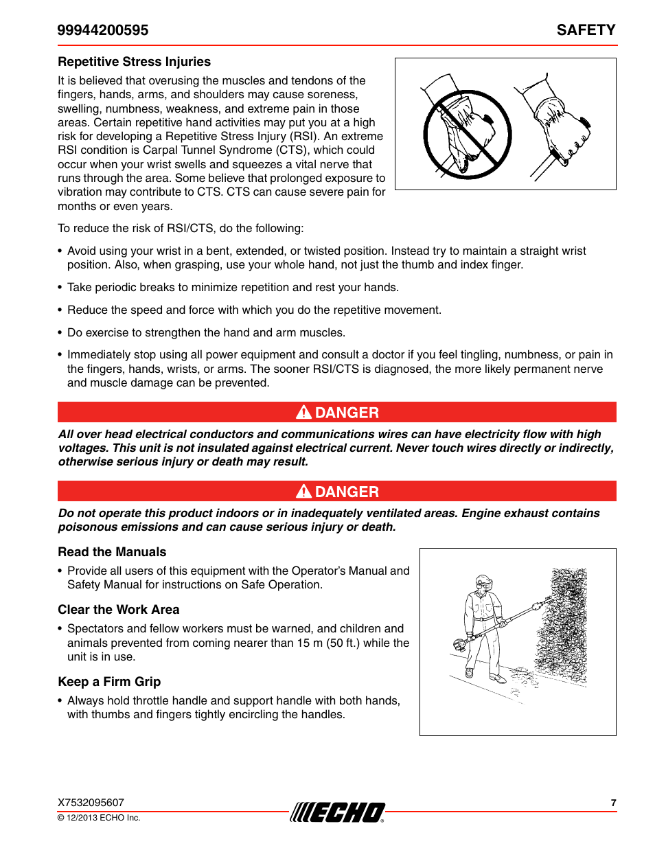 Repetitive stress injuries, Read the manuals, Clear the work area | Keep a firm grip | Echo 99944200595 User Manual | Page 7 / 24